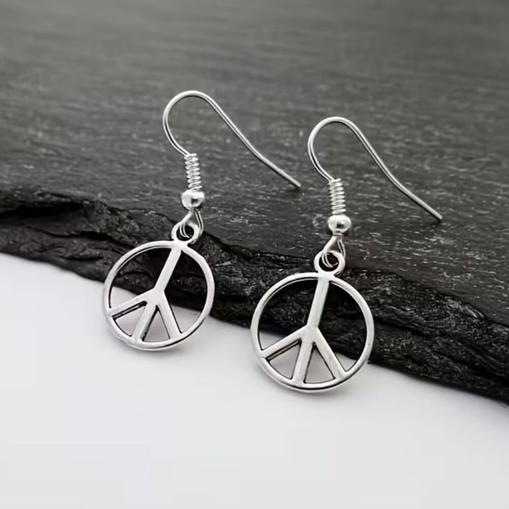 Silver Peace Sign Dangle Earrings Retro Drop Pendant Charm Boho Lightweight